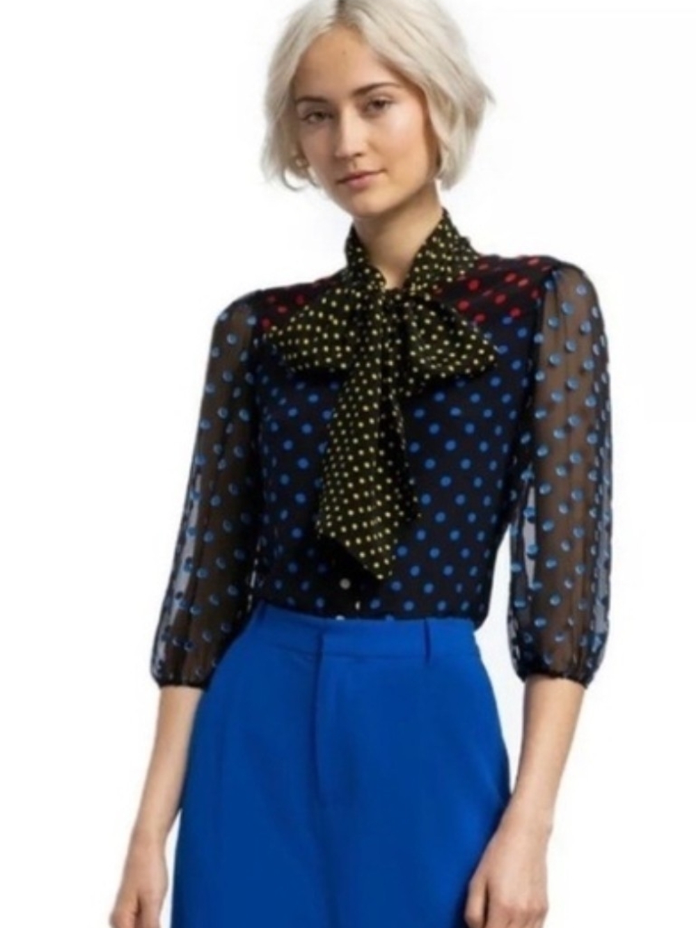 Alice + Olivia Black Sheer Polka Dot Tie-Neck Blouse with Blue & Red Dots